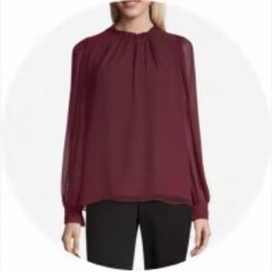 Worthington Burgundy Sheer Mock-Neck Blouse